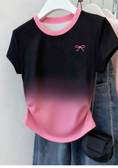 Shein Black And Pink Ombre Bow Print Women T-Shirt, Waist Cinched Top -.
