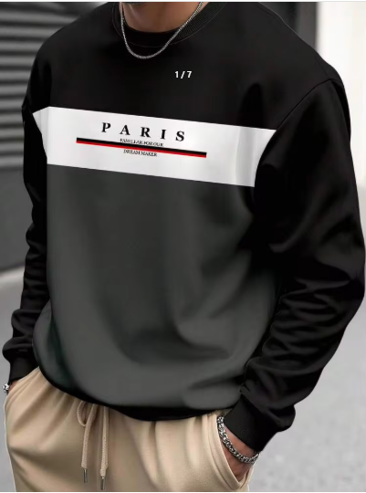 Shein Men's Black PARIS Letter Print Sweatshirt, M -.