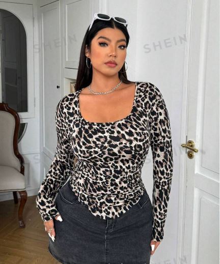 Shein Plus Size Leopard Print Crew Neck Ruched Waist Bodycon T-Shirt, XL /