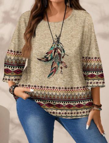 Shein Plus Size Casual All-Over Print Round Neck Loose 3/4 Sleeve Shirt +