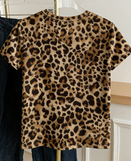 Shein Women's Leopard Print Short Sleeve Casual Versatile Round Neck T-Shirt -.