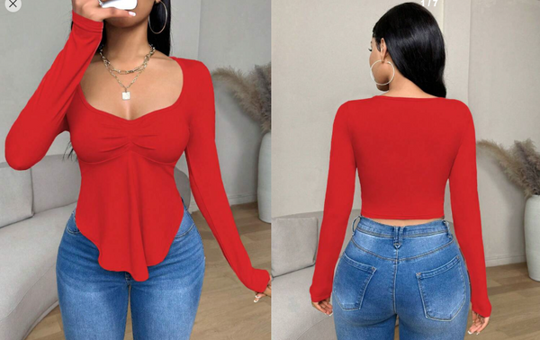 Shein Square Collar Long Sleeve Ruffled Hem Asymmetrical Hem Casual T-Shirt, L +