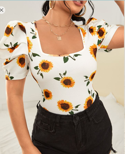 Shein Sunflower Print Puff Sleeve Blouse, M +