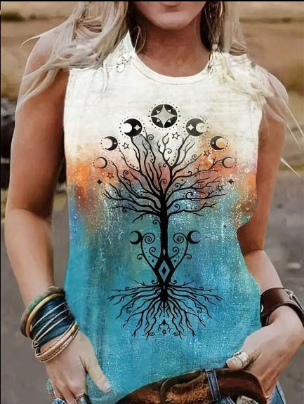 Shein Women's Tie Dye Moon Tree Design Sleeveless Tank Top, XL +