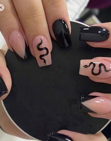 Shein 24pcs Black Color-Block And Snake Print Nail Art  +