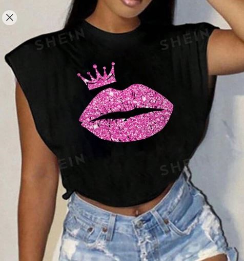 Shein Sexy Lips Pattern Loose Crop Sleeve Cropped Women T-Shirt, S /