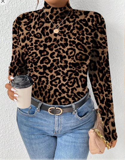 Shein Frenchy Plus Size Casual Minimalist Full-Width Leopard Print Pattern Turtleneck T-Shirt, XXL +