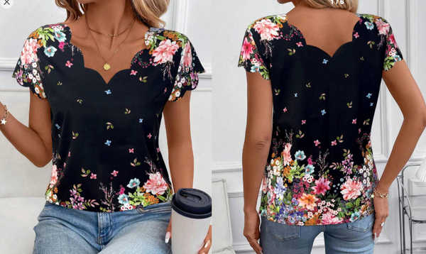 Shein Casual Floral Print Shell Trim Short Sleeve Blouse +