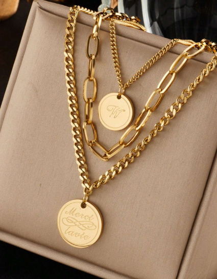 Shein 1pc Fashionable Simple Multi-Layered Retro Stainless Steel Engraved Round Pendant Necklace >