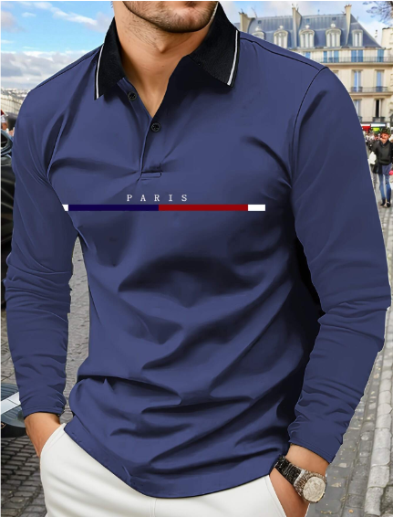 Shein Men's Stylish Long Sleeve Polo Shirt With Contrasting Black Collar, Paris Text Graphic, XXL +