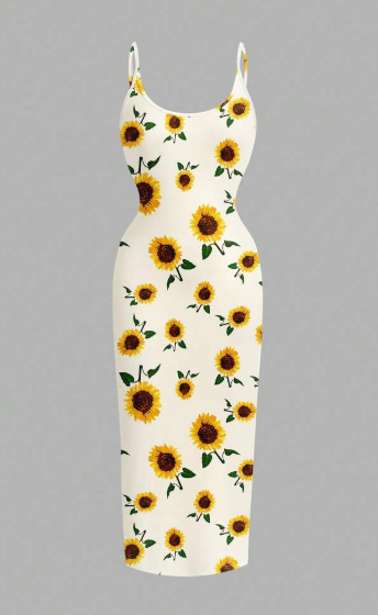 Shein Minimalist Full-Print Sunflower Pattern Slim Fit Spaghetti Strap Maxi Dress, M +