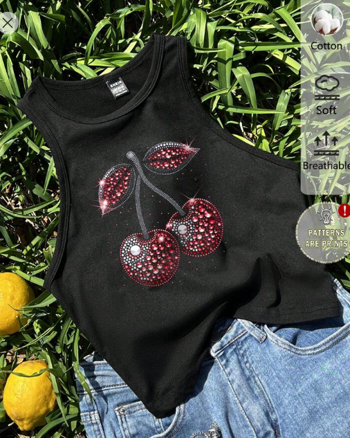 Shein Casual Simple Cherry Pattern Round Neck Tight Fitted Top, L +