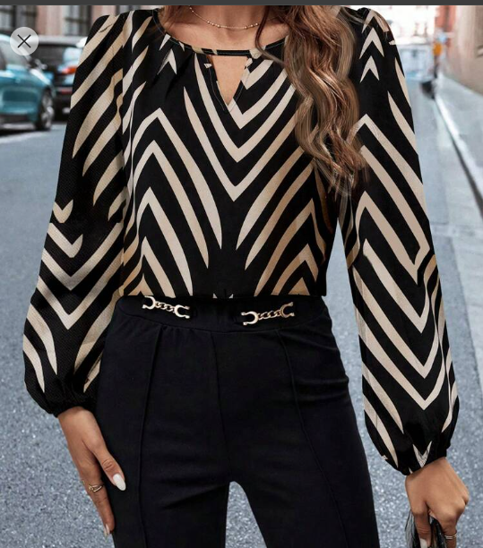 Shein Keyhole Neck Herringbone Print Long Sleeve Elegant Shirt +
