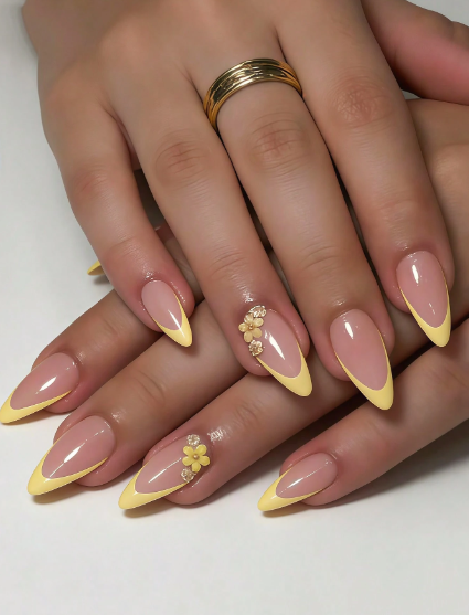 Shein 24pcs Elegant Floral Cream Yellow French Full Coverage Fake Nails Set