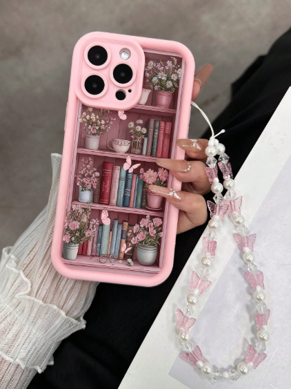 Lanyard Bookshelf Painted Creative Minimalist Pink Phone Case With Butterfly Bracelet>