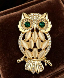 Shein 1pc Gold-Tone Cat Eye Stone Owl Brooch-.
