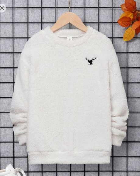 Shein Tween Boy Deer Embroidery Drop Shoulder Flannel Sweatshirt, 10T +