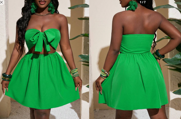 Shein Casual Vacanza Strapless Tie-Waist Hollow-Out Mini Green Dress - B, L +