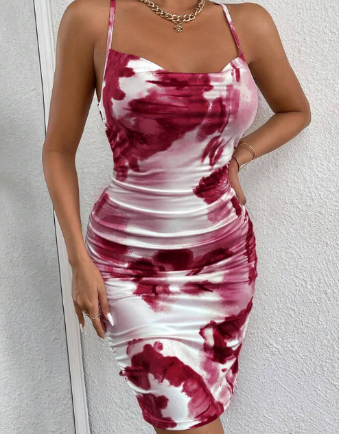 Shein Tie Dye Crisscross Tie Backless Ruched Cami Dress, M +