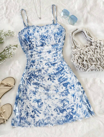 Shein Tween Girls' Vacation Casual Fashion Ditsy Floral Strap Dress, 12T +