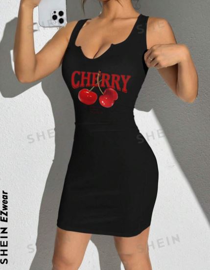 Shein Casual Cherry Pattern Sleeveless V-Neck Mini Dress, M /