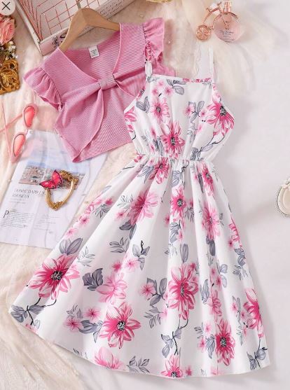 Shein 2pcs/Set Teen Girl Cap Sleeve Knitted Crop Top & Large Floral Print Spaghetti Strap Dress Set, 16T +
