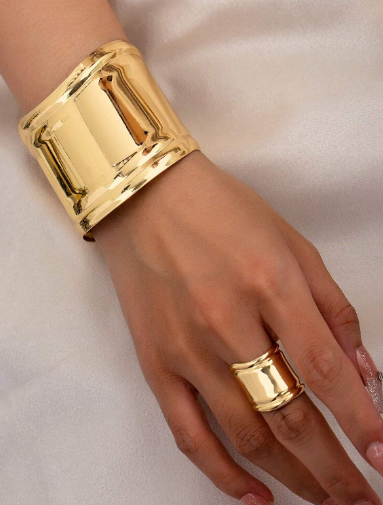 Shein 1 Set Golden Cuff Bangle Chunky Ring Bracelet Set +
