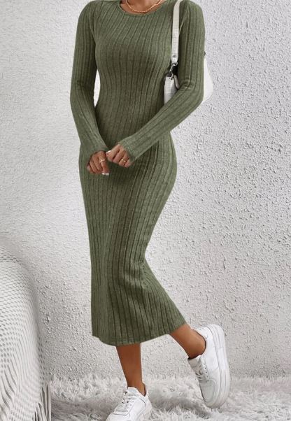 Shein Solid Ribbed Knit Split Back Bodycon Dress, M */