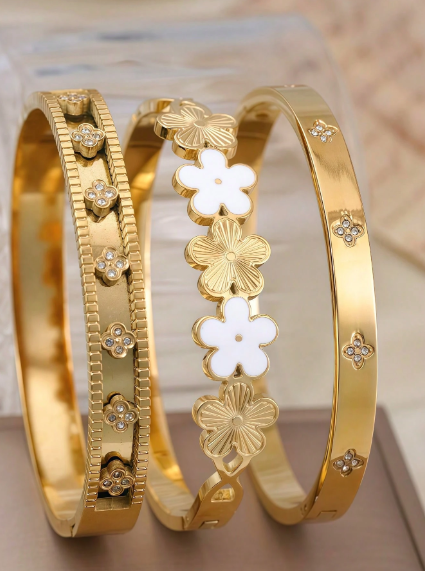 Shein 3pcs/Set Fashionable Clover Stainless Steel Bangle Bracelets>