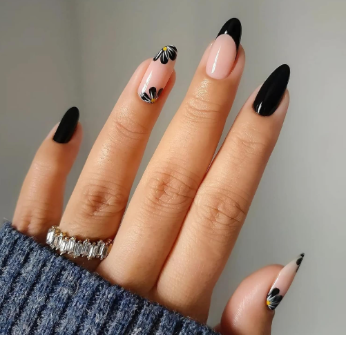 Shein 24pcs Daisy Medium, Almond Black French Tip, Small Flower Acrylic Nails +