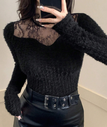 Shein Women's Fuzzy Lace Patchwork Long Sleeve T-Shirt, L -.