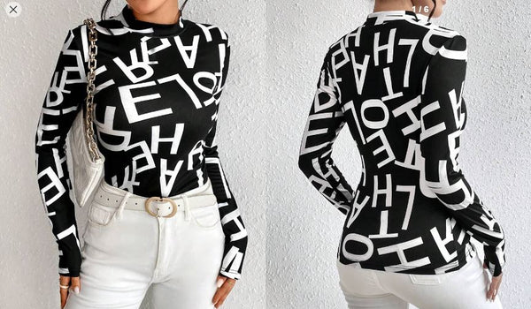 Shein Casual Women Knit Long Sleeve Patterned Letter T-Shirt /