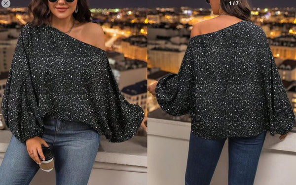 Shein Plus Size Sparkle Print Loose Asymmetrical Neck Batwing Sleeve Shirt, 3XL +