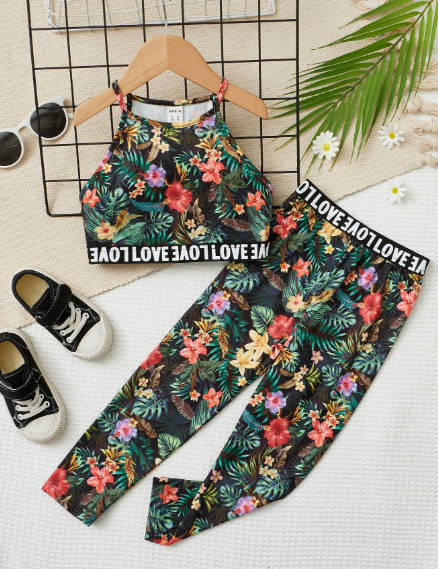 Shein Contrasting Tropical Print, Strap Top and Leggings, 7T +