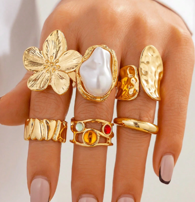 Shein 6pcs/Set Retro Metal Floral & Gemstone Decorated Ring Set +