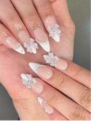 Shein White French Design With Faux Pearl And 3D Bow Decor, Nails >
