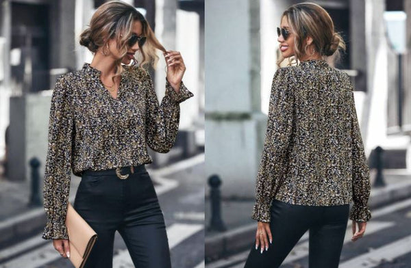 Shein Ditsy Floral Print Notched Neck Flounce Sleeve Blouse, XL +