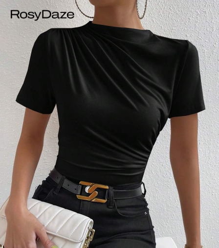Shein Ruched Mock Neck Tee, XL +