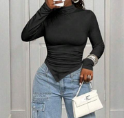 Shein Women's Solid Color Stand Collar Long Sleeve T-Shirt, M +