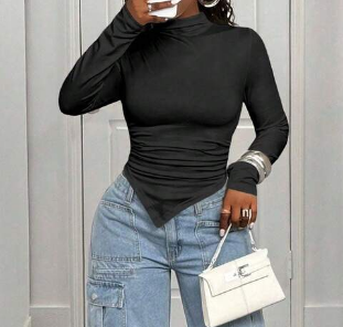 Shein Women's Solid Color Stand Collar Long Sleeve T-Shirt, M +