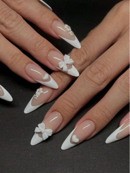 Shein 24pcs Cute White Bows With Hearts Fake Nails +