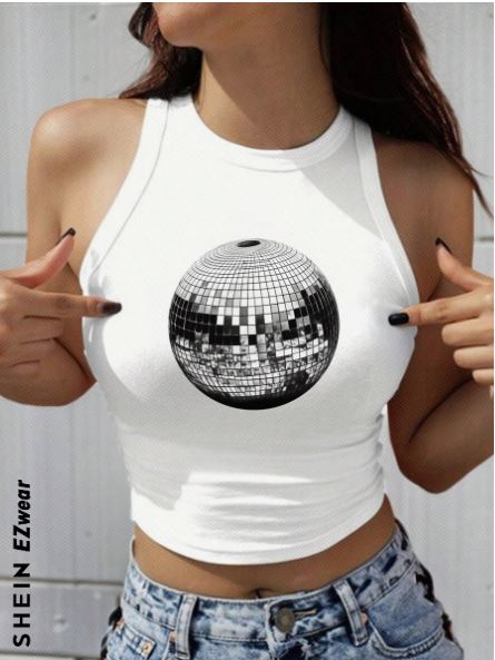 Shein Disco Ball Printed Round Neck Slim Fit Tank Top /