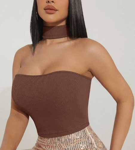 Shein Solid Ribbed Knit Crop Halter Top, M +