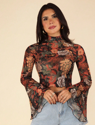 Shein Floral Print Mock Neck Trumpet Sleeve Sheer Crop Mesh Top >