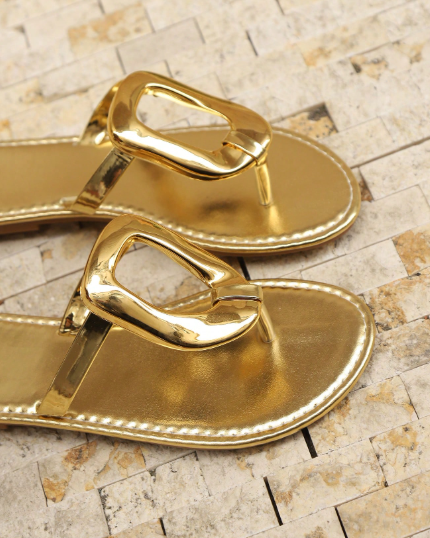Shein New Gold Sandals For Women, Summer Open Toe Flat Sandals With Metal Buckle >