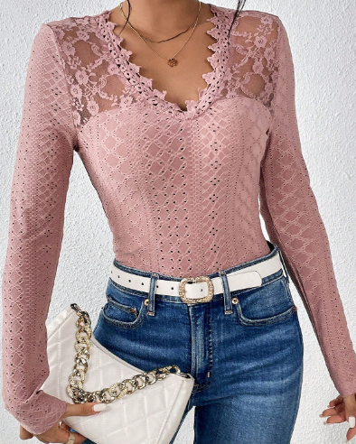Shein Frenchy Solid Guipure Lace Insert Tee, S +