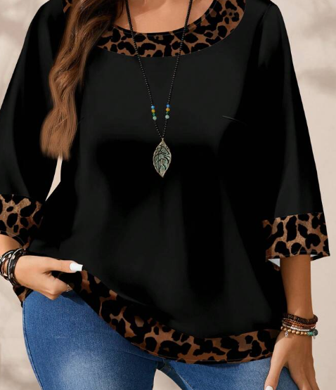 Shein Plus Size All-Over Print Round Neck Loose 3/4 Sleeve Blouse +