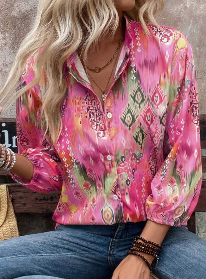 Shein Front Button Full Pattern Print Collar Casual Shirt, M -.