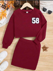 Shein Kids Tween Girl Letter Patched Drop Shoulder Pullover & Skirt, 9T +