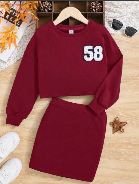 Shein Kids Tween Girl Letter Patched Drop Shoulder Pullover & Skirt, 9T +